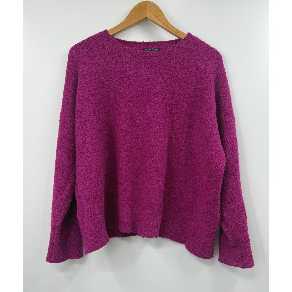 Eileen Fisher Organic Cotton Boucle Sweater Magenta Purple L Lagenlook Boxy Knit